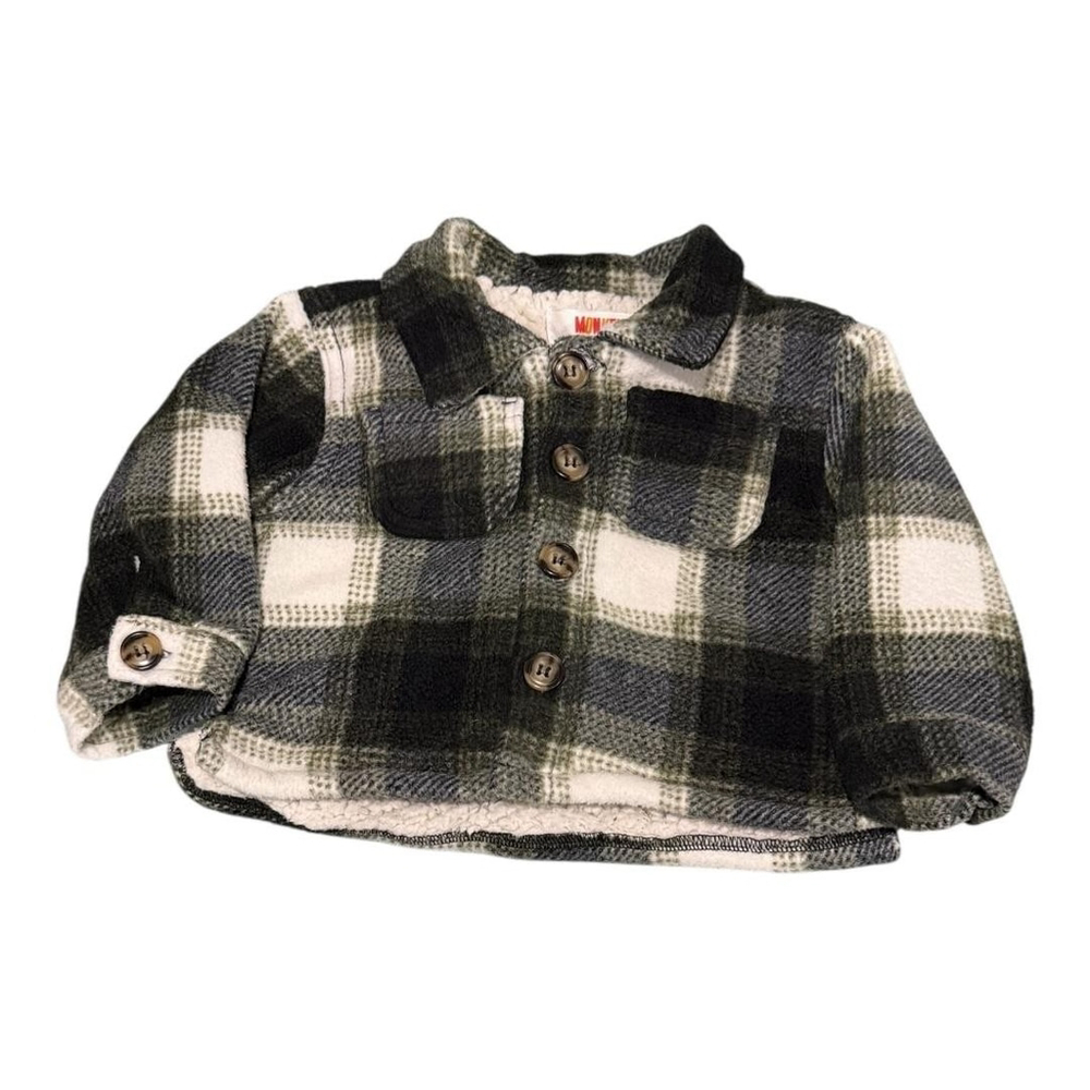 Monkey Bars Jacket Baby 12M Green Black Plaid Sherpa Fleece Button Up